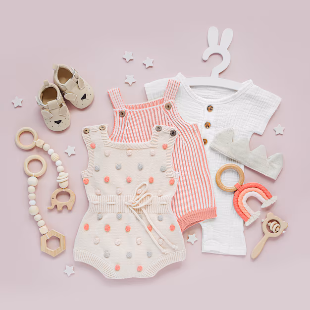 set baby clothes accessories pink background various romper bodysuit baby shoes toys fashion newborn flat lay top view 479776 3812